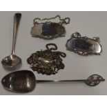 AN ARTS & CRAFTS CADDY SPOON, 1 OTHER SPOON & VARIOUS DECANTER LABELS