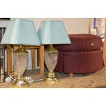 2 SMALL TABLES, PADDED FOOT STOOL & PAIR OF ORNATE TABLE LAMPS WITH SHADES