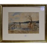 SAMUEL BOUGH (1822 - 1878) - 11¾" X 17" GILT FRAMED WATERCOLOUR - LADIES GATHERING WOOD BY A LOCH