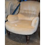 VICTORIAN TUB STYLE CHAIR ON TURNED MAHOGANY SUPPORTS