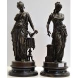 PAIR OF 16" VICTORIAN SPELTER FIGURINE ORNAMENTS ON STANDS, SIGNED BOURET