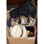 BOX CONTAINING VARIOUS CLOTHING, GENTS HATS, LADIES HANDBAGS, FURS ETC