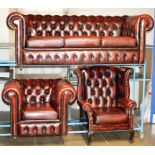 3 PIECE CHESTERFIELD OX BLOOD LEATHER LOUNGE SUITE COMPRISING 3 SEATER SETTEE, CLUB CHAIR & WING