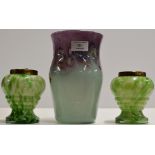 8" DECORATIVE SCOTTISH COLOURED GLASS VASE, TOGETHER WITH A PAIR OF COLOURED GLASS BUD VASES