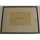 A SECOND WORLD WAR PERIOD PEN AND INK DRAWING OF A BRITISH NAVAL TOWN CLASS CRUISER, ARTIST