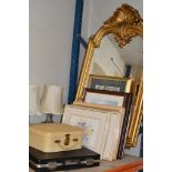 BRIEFCASE, SMALL VINTAGE CASE, GILT FRAMED MIRROR & VARIOUS PICTURES