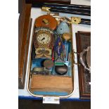TRAY CONTAINING NOVELTY WALL CLOCK, OLD STAMP, INK WELL, PARKER PEN, WHISTLE, MODEL VEHICLES ETC