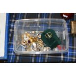 BOX CONTAINING AGATE BROOCH PIN, VARIOUS COSTUME JEWELLERY, GILT CHAINS ETC