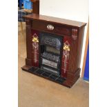 MAHOGANY FIRE SURROUND WITH ART NOUVEAU STYLE TILES & FIRE INSERT