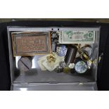METAL BOX WITH VARIOUS COSTUME JEWELLERY, WRIST WATCHES, BANK NOTES, ENAMEL BADGE, WOODEN BOX ETC