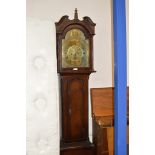 STAINED PINE CASED GRANDFATHER CLOCK WITH BRASS FACE BY BAIRD, KILBRYDE