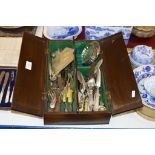 WOODEN BOX WITH ASSORTED CUTLERY (INCLUDING SOME SILVER), COASTERS ETC