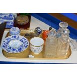 TRAY WITH BLUE & WHITE BOWL, LIDDED BOX, VARIOUS DECANTERS, SNUFFER SCISSORS ETC