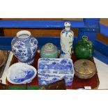 TRAY WITH MIXED CERAMICS, OLD GREEN POTTERY JUG, ORIENTAL LIDDED JAR, MALING TROUGH ETC