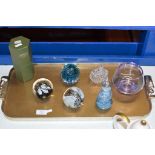 TRAY WITH ORTAK VASE, VARIOUS GLASS PAPER WEIGHTS, LIDDED SCENT BOTTLE ETC