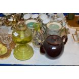 COLOURED GLASS PARAFFIN LAMP & LARGE POTTERY TEAPOT