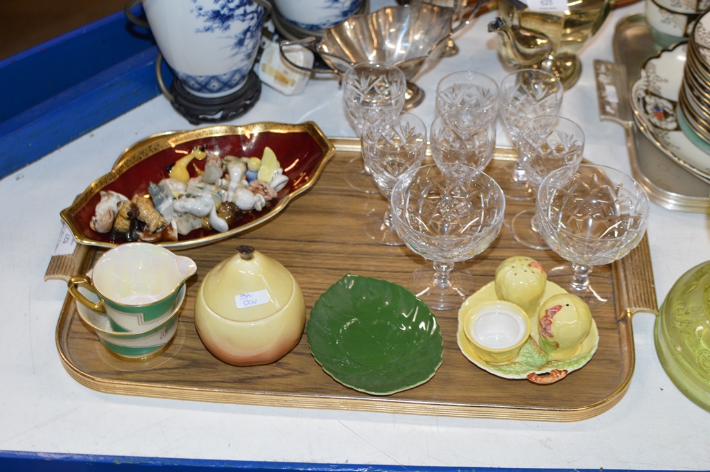 TRAY CONTAINING CUT CRYSTAL GLASSES, VARIOUS WADE WHIMSIES, CROWN DEVON DISH, SUGAR & CREAM SET,