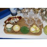TRAY CONTAINING CUT CRYSTAL GLASSES, VARIOUS WADE WHIMSIES, CROWN DEVON DISH, SUGAR & CREAM SET,