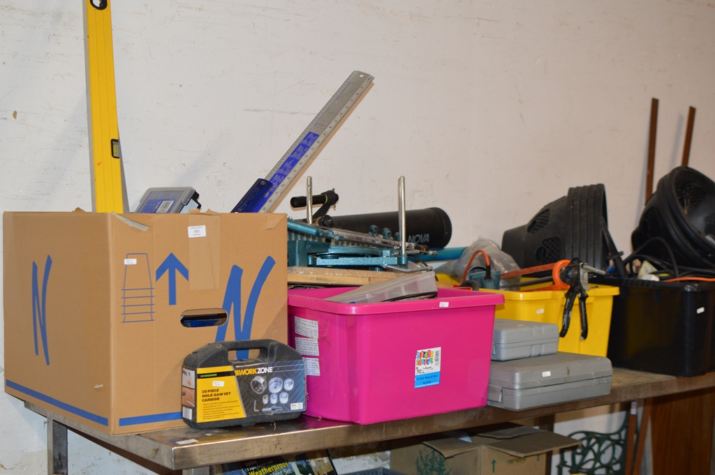 LARGE QUANTITY OF VARIOUS TOOLS OVER VARIOUS BOXES