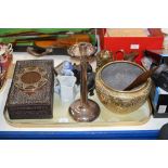 TRAY CONTAINING E.P.N.S. CANDLE STICK, BRASS INLAID BOX, TRIVET STAND, DECO STYLE THERMOMETER,