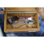 BOX CONTAINING SILVER NAPKIN RING, OLD SILVER SPOON, POCKET KNIVES, SNUFF BOX ETC