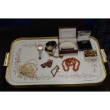TRAY WITH ASSORTED COSTUME JEWELLERY, SILVER BROOCHES, ROLLED GOLD BRACELET, FAUX PEARLS, WRIST