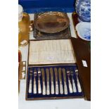 2 E.P.N.S. TRAYS & CASED SET OF MOTHER OF PEARL HANDLED CUTLERY