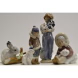 GROUP OF 4 LLADRO PORCELAIN FIGURINE ORNAMENTS - SCHOOL CHILD WITH STICK 5238, BUNNY EATING 4773,