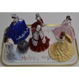 TRAY WITH MODERN CHINESE LIDDED JAR & VARIOUS FIGURINE ORNAMENTS, ROYAL DOULTON, COALPORT ETC