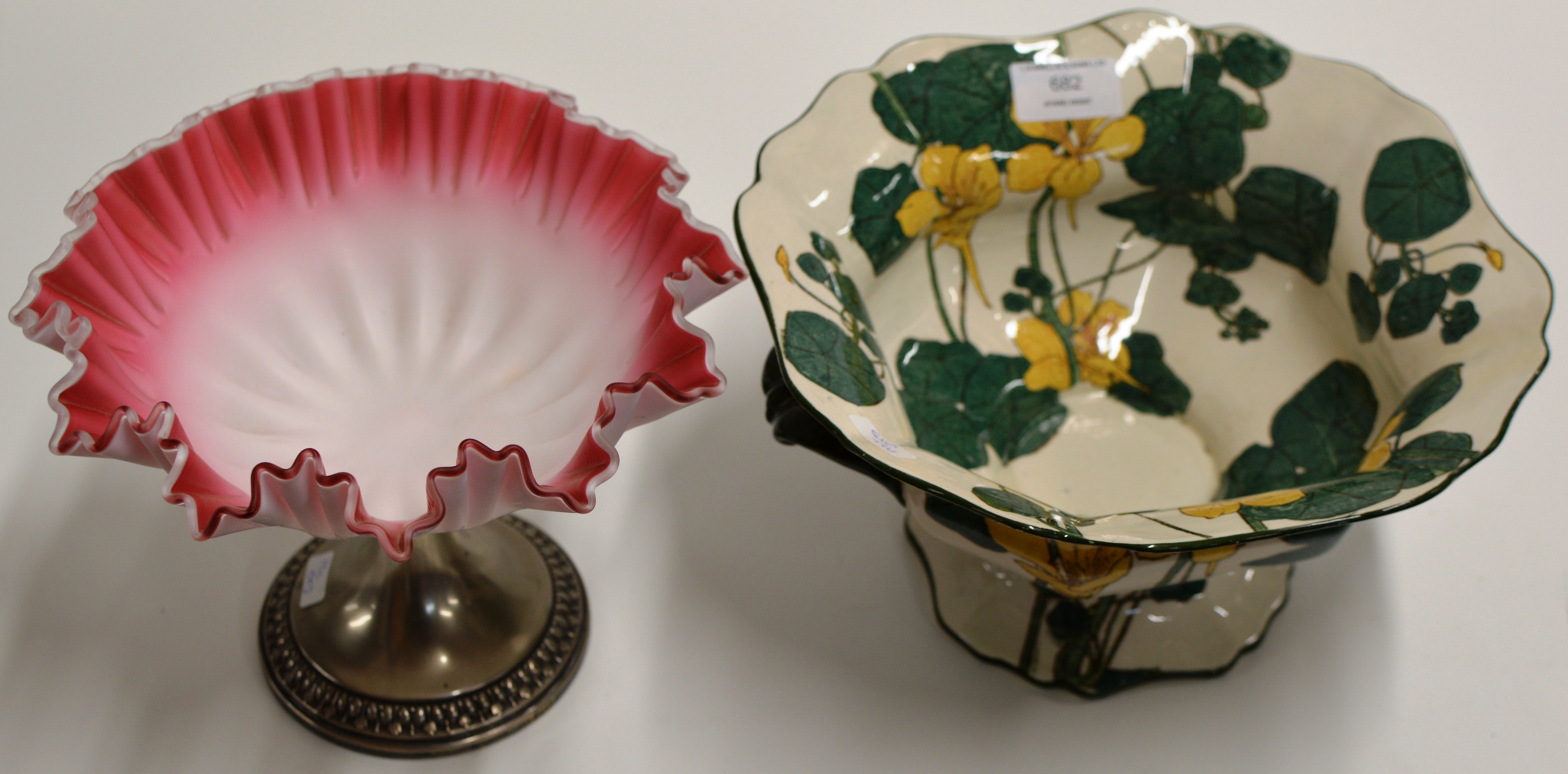 DECORATIVE COLOURED GLASS & EPNS COMPORT, TOGETHER WITH A ROYAL DOULTON FLORAL TUREEN REG D3872