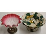 DECORATIVE COLOURED GLASS & EPNS COMPORT, TOGETHER WITH A ROYAL DOULTON FLORAL TUREEN REG D3872