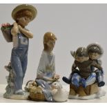 GROUP OF 4 LLADRO PORCELAIN FIGURINE ORNAMENTS - HOLD ON 5665, BOY GATHERING FLOWERS 1286, FLOWER