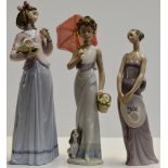 GROUP OF 3 LLADRO PORCELAIN FIGURINE ORNAMENTS - LADY ANORANTE 5598, INNOCENCE IN BLOOM 07644 &