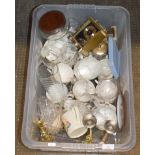 BOX CONTAINING ASSORTED GLASS WARE, CANDLE STICKS, QUANTITY TEA WARE, GILT CLOCK ETC