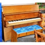 ART DECO WALNUT CASED UPRIGHT PIANO WITH QUARTER VENEER DETAIL BY BENTLEY WITH STOOL