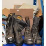 2 PAIRS OF OLD LEATHER BOOTS, BOX WITH XBOX, DVD PLAYER ETC (AS SEEN)