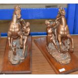 PAIR OF SPELTER HORSE FIGURINES ON WOODEN BASE