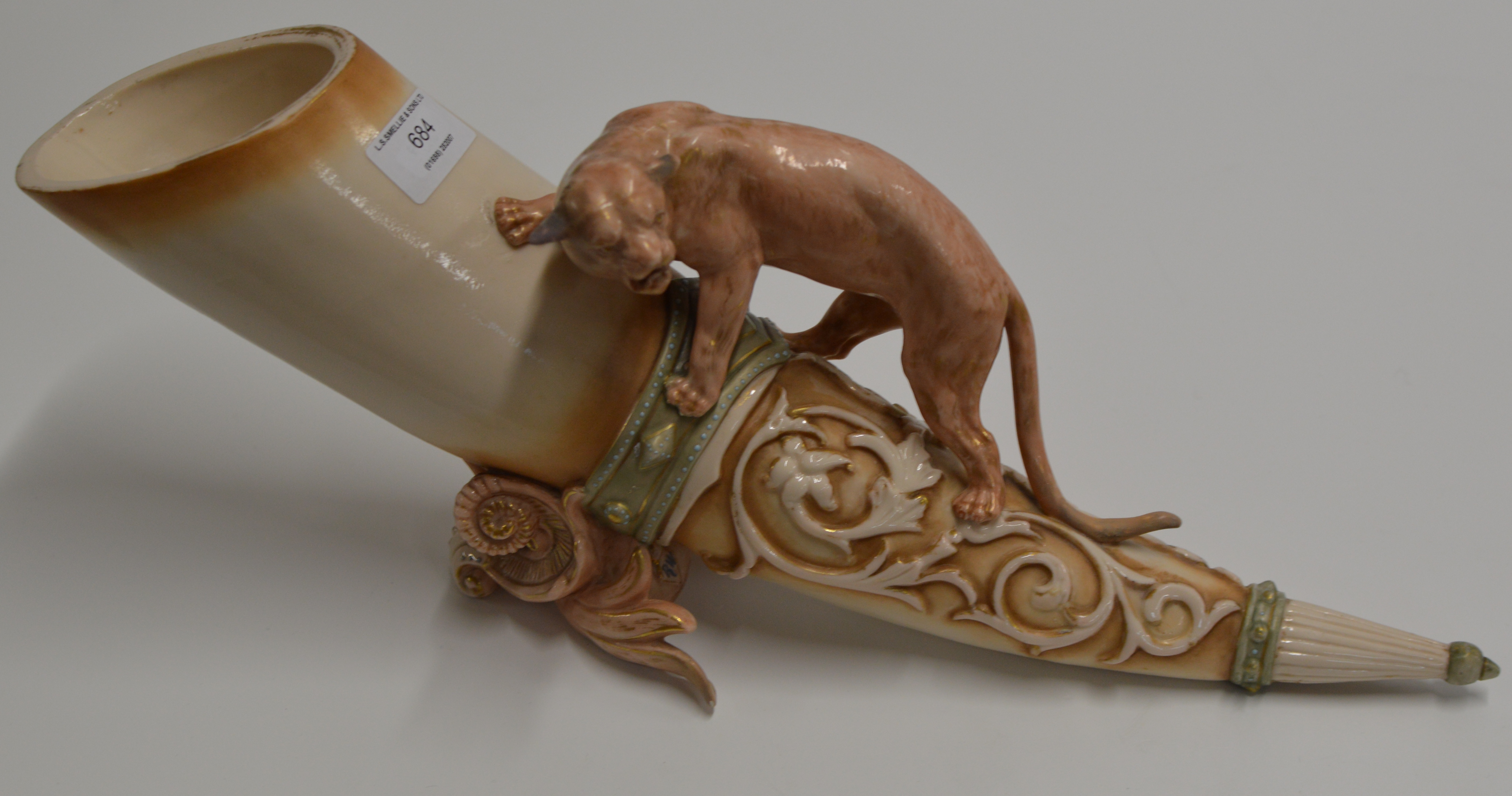 19TH CENTURY RUDOLSTADT GERMAN POTTERY CENTREPIECE DISPLAY MODELLED AS A TUSK WITH AN APPLIED PUMA