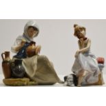 2 LLADRO PORCELAIN FIGURINE ORNAMENTS - WOMAN PAINTING VASE 5079 & CHIT CHAT 5466