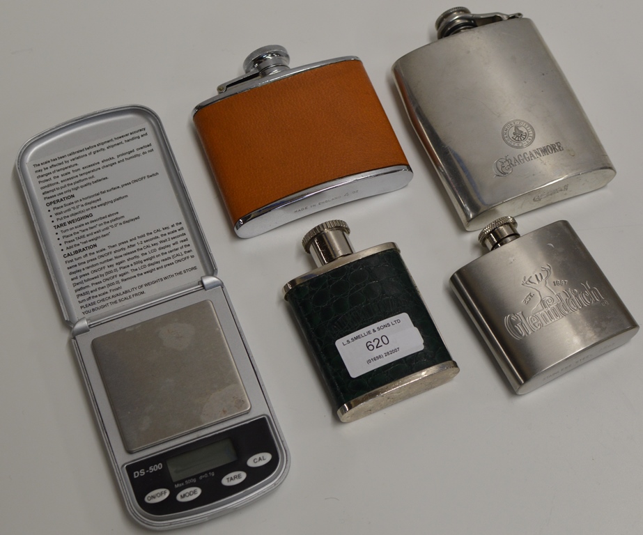 4 VARIOUS HIP FLASKS & SET OF DIGITAL SCALES