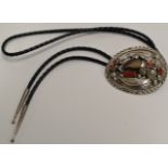 VINTAGE NATIVE AMERICAN STYLE STERLING SILVER & CORAL SET BOLO TIE