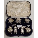 EDWARDIAN STERLING SILVER CRUET SET WITH ORIGINAL SPOONS & FITTED PRESENTATION CASE WITH