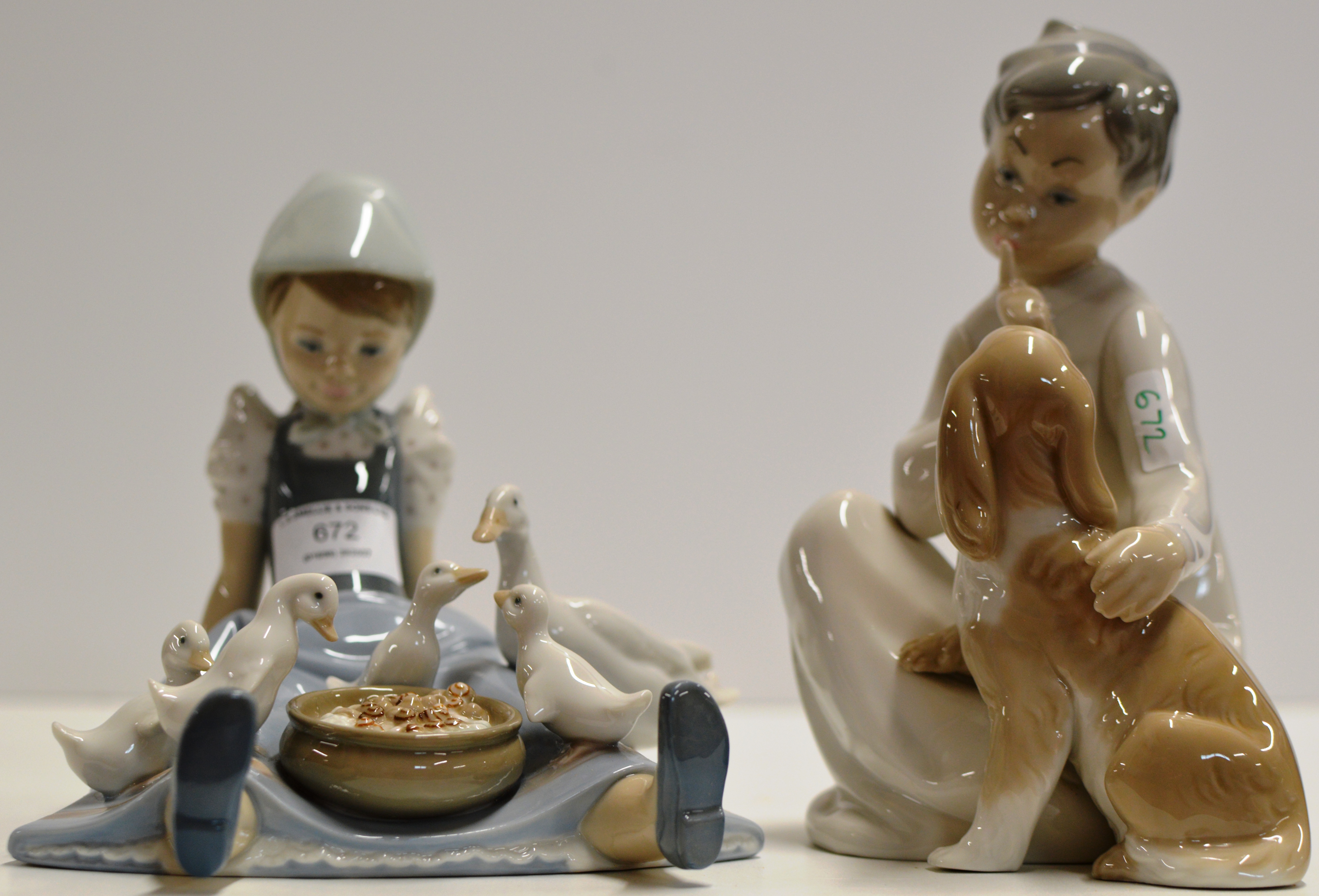 2 LLADRO PORCELAIN FIGURINE ORNAMENTS - MY HUNGRY BROOD 5074 & SHH QUIET PUPPY 4522, BOTH WITH