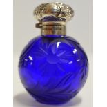 CONTEMPORARY STERLING SILVER & COBALT BLUE GLASS SCENT BOTTLE & STOPPER WITH ETCHED FLORAL