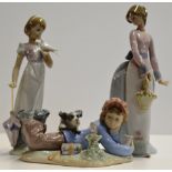 GROUP OF 3 LLADRO PORCELAIN FIGURINE ORNAMENTS - INTERRUPTED READING 5451, BASKET OF LOVE 07622 &