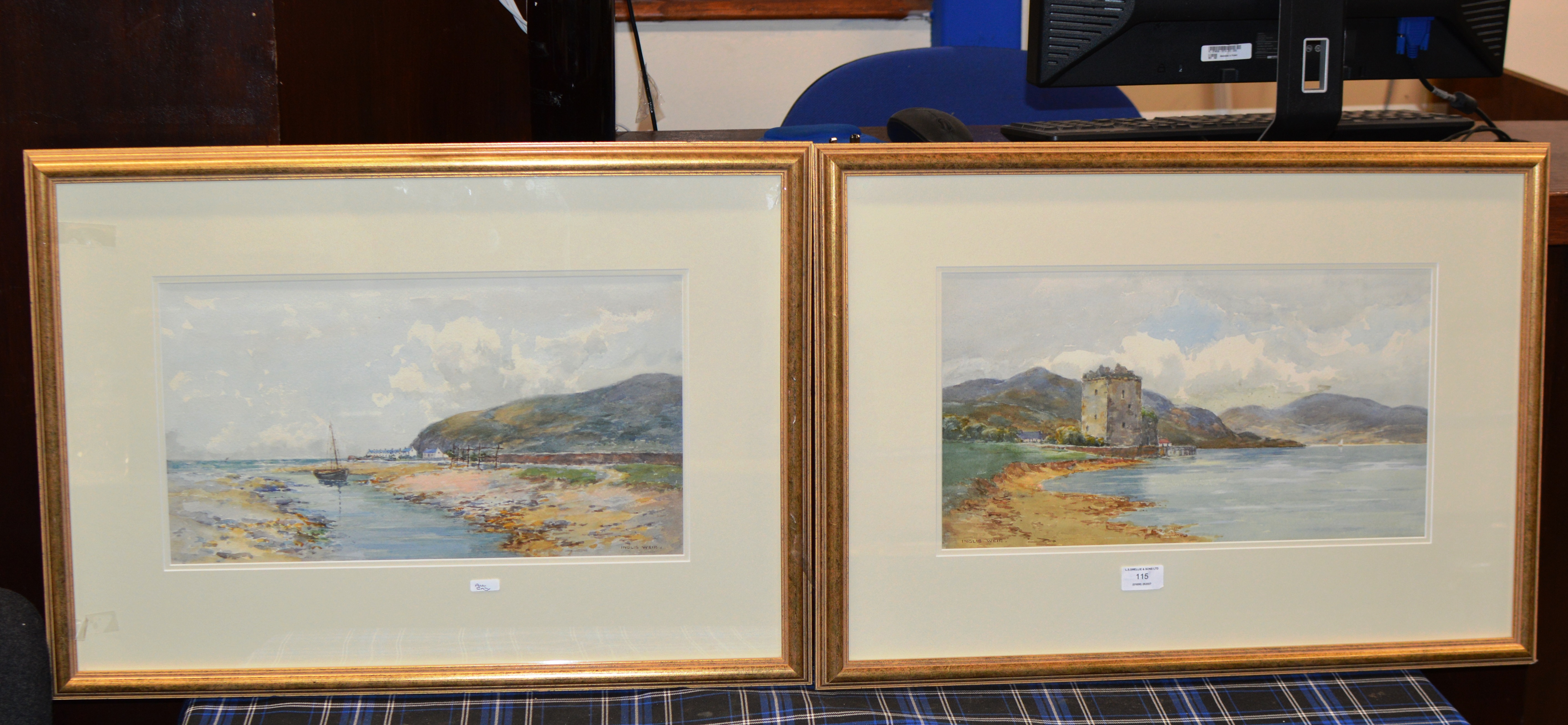 PAIR OF 9½" X 17¼" GILT FRAMED WATERCOLOURS - SCOTTISH LANDSCAPES, BY INGLIS WEIR