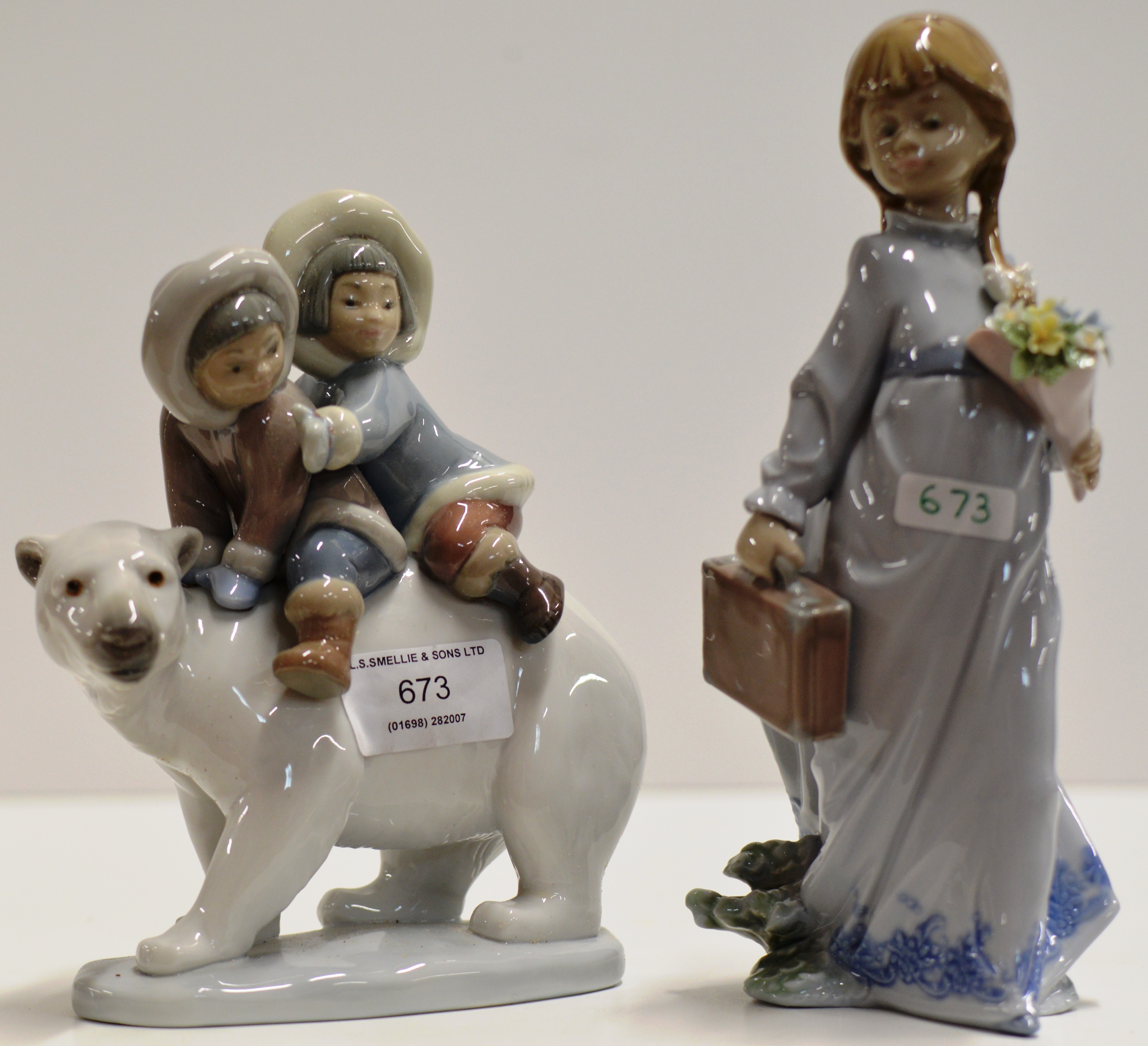 2 LLADRO PORCELAIN FIGURINE ORNAMENTS - SCHOOL DAYS 7604 & INUIT POLAR BEAR RIDERS 5353, BOTH WITH