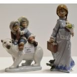 2 LLADRO PORCELAIN FIGURINE ORNAMENTS - SCHOOL DAYS 7604 & INUIT POLAR BEAR RIDERS 5353, BOTH WITH