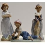 GROUP OF 3 LLADRO PORCELAIN FIGURINE ORNAMENTS - CONSTANCE 06117, PEACEFUL 06807 & ALL ABOARD 07619,