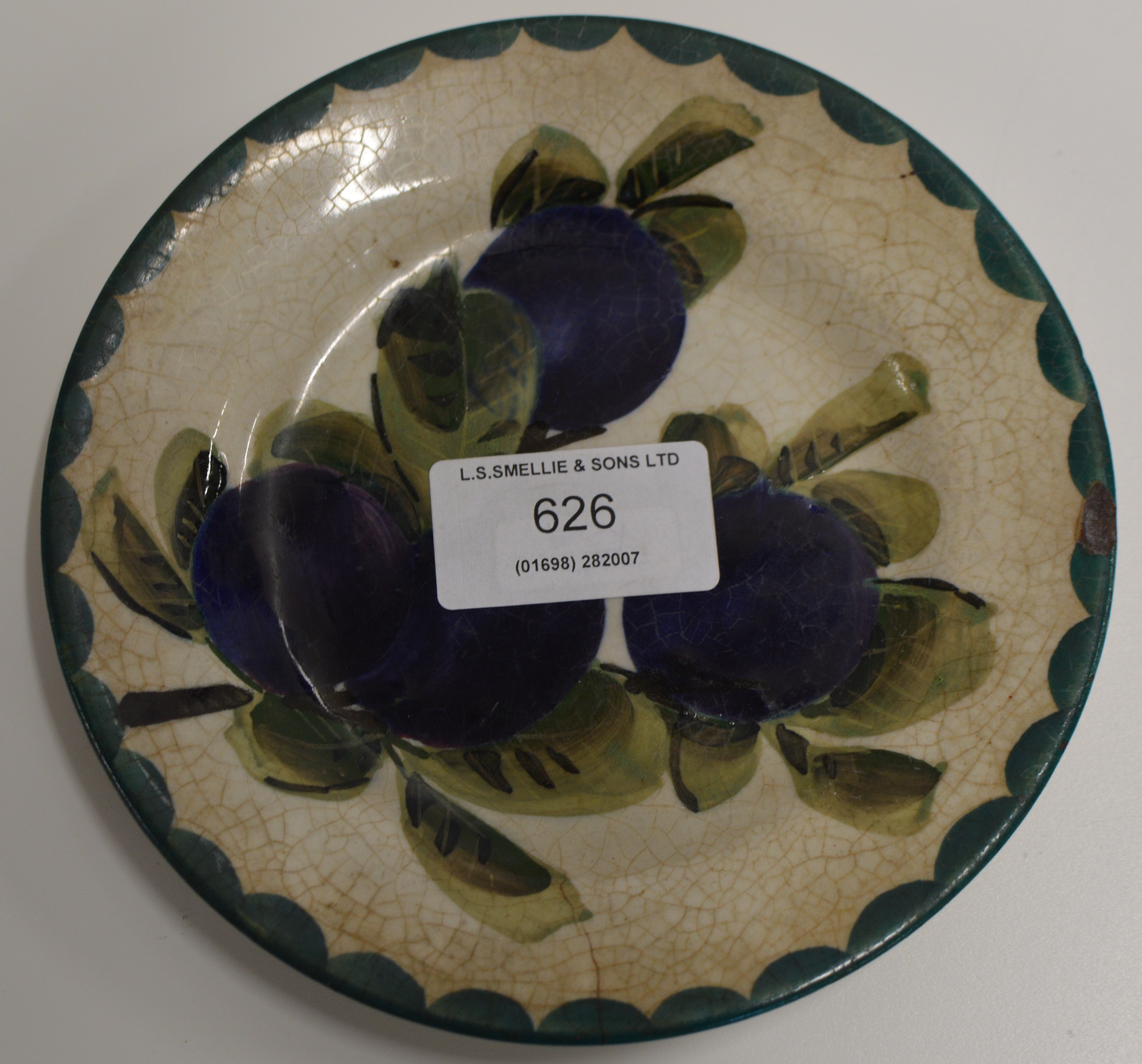 5½" DIAMETER OLD WEMYSS POTTERY DISH DECORATED WITH PLUMS & SIGNED ON REVERSE